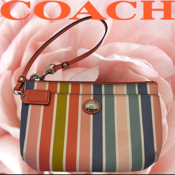 COACH Peyton rainbow colored multi striped medium wristlet with COA - Picture 1 of 13
